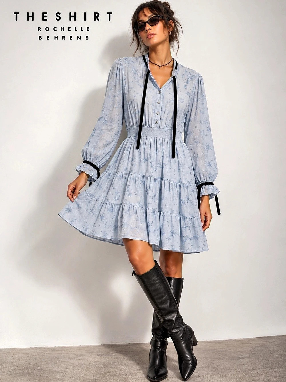 THE SHIRT Rochelle Behrens Baby Blue Star Jacquard Tiered Dress XS